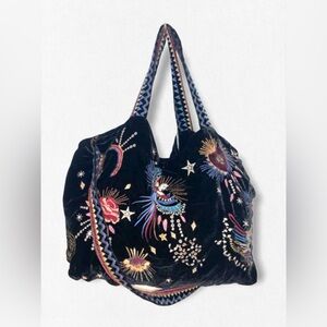 Johnny Was Black Embroidered Victoria Velvet Crossbody Tote Bag